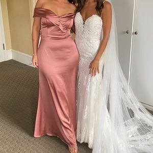 Revelry Bardot Bridesmaids Dress in Desert Rose Satin (fits like curvy s…